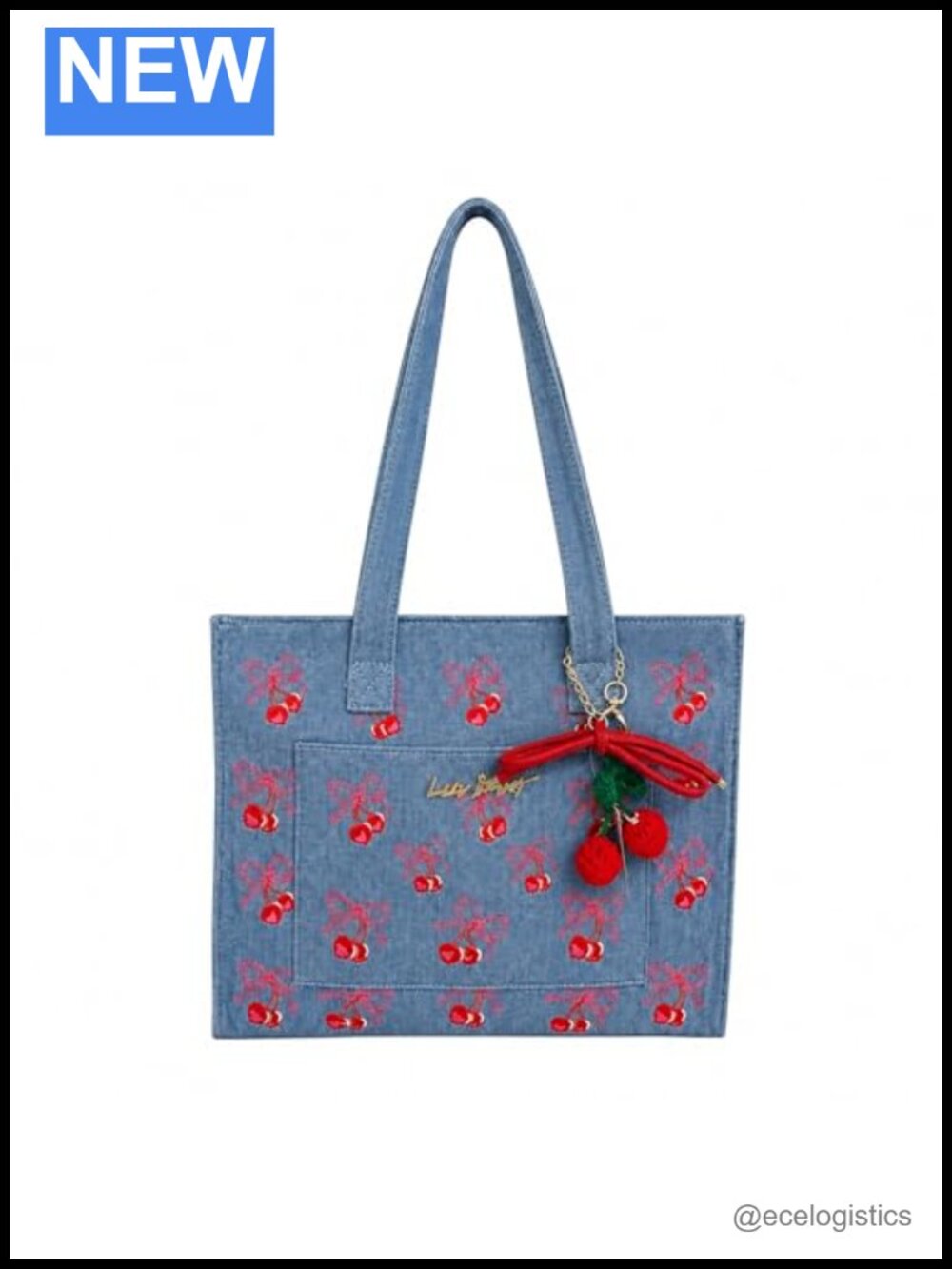 Embroidered Cherry Bow Denim Tote Bag with Charm Accent Faux Leather